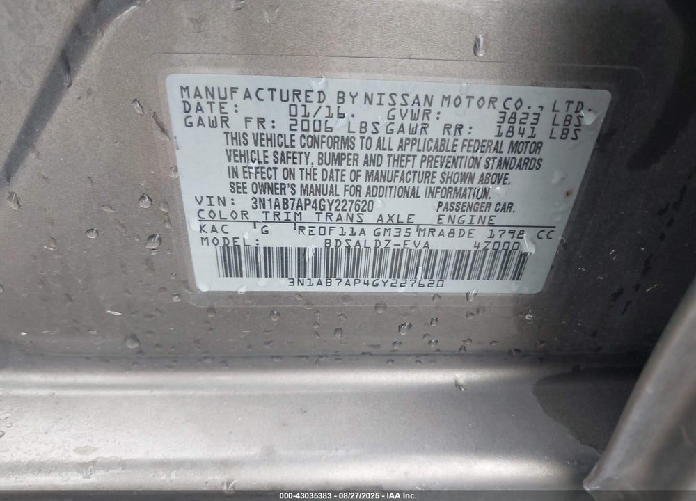 2016 NISSAN SENTRA VIN: 3N1AB7AP4GY227620