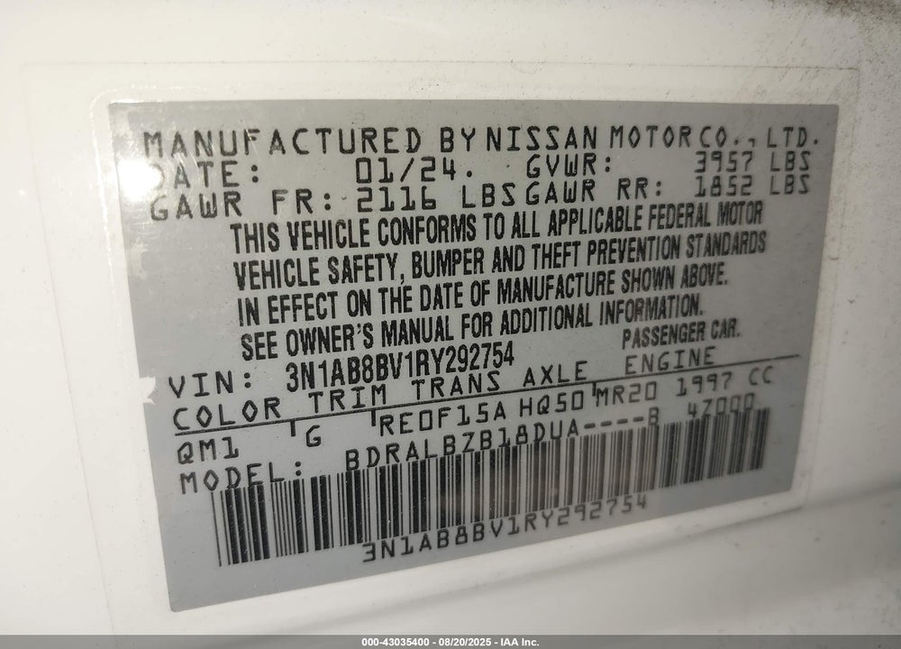 2024 NISSAN SENTRA VIN: 3N1AB8BV1RY292754