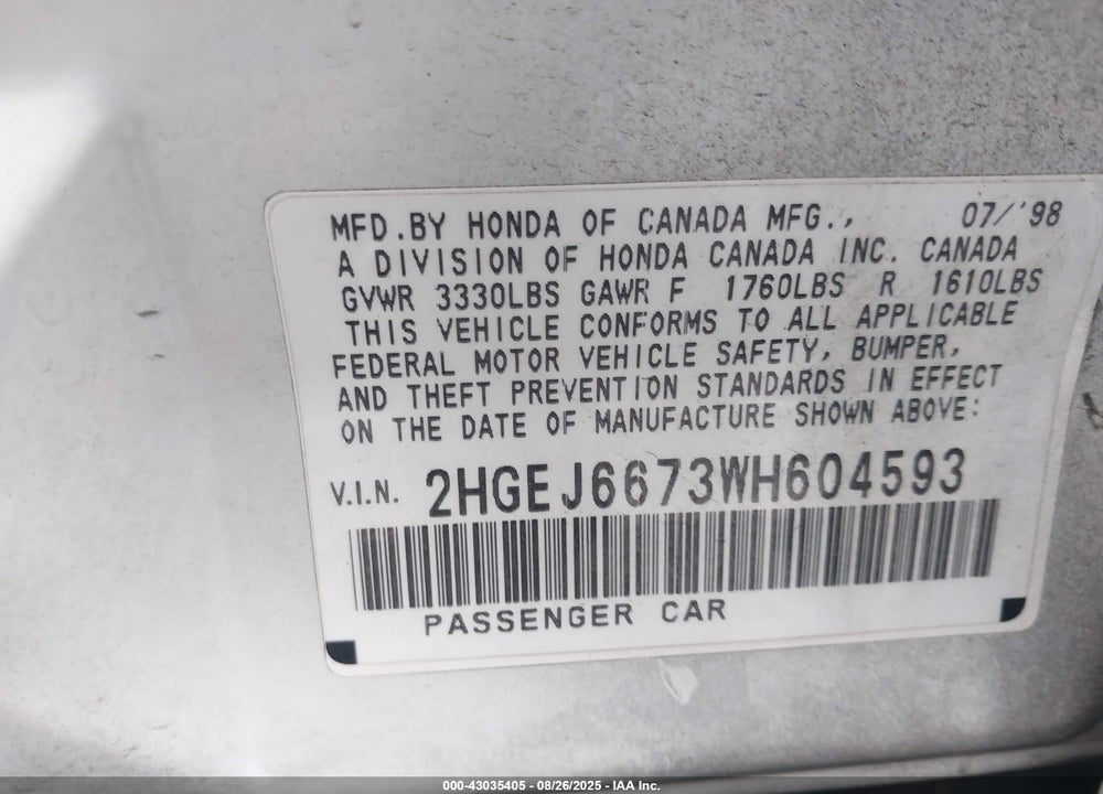 1998 HONDA CIVIC LX VIN: 2HGEJ6673WH604593