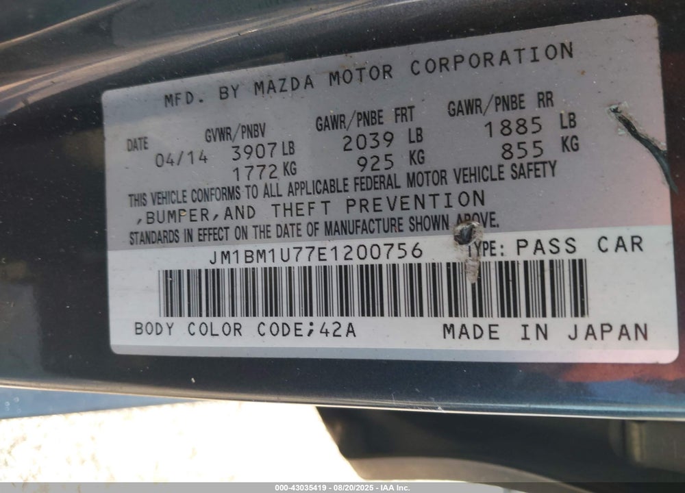 2014 MAZDA 3 VIN: JM1BM1U77E1200756