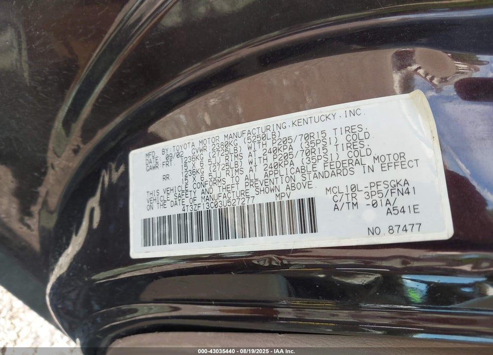 2003 TOYOTA SIENNA LE VIN: 4T3ZF13C03U527277