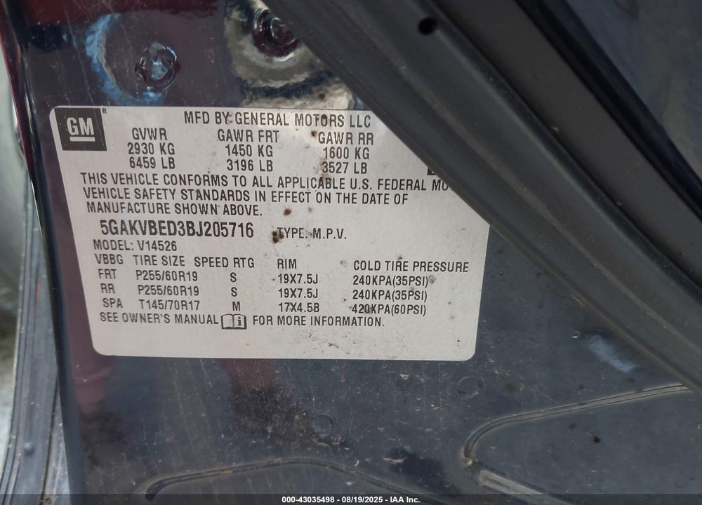 2011 BUICK ENCLAVE VIN: 5GAKVBED3BJ205716