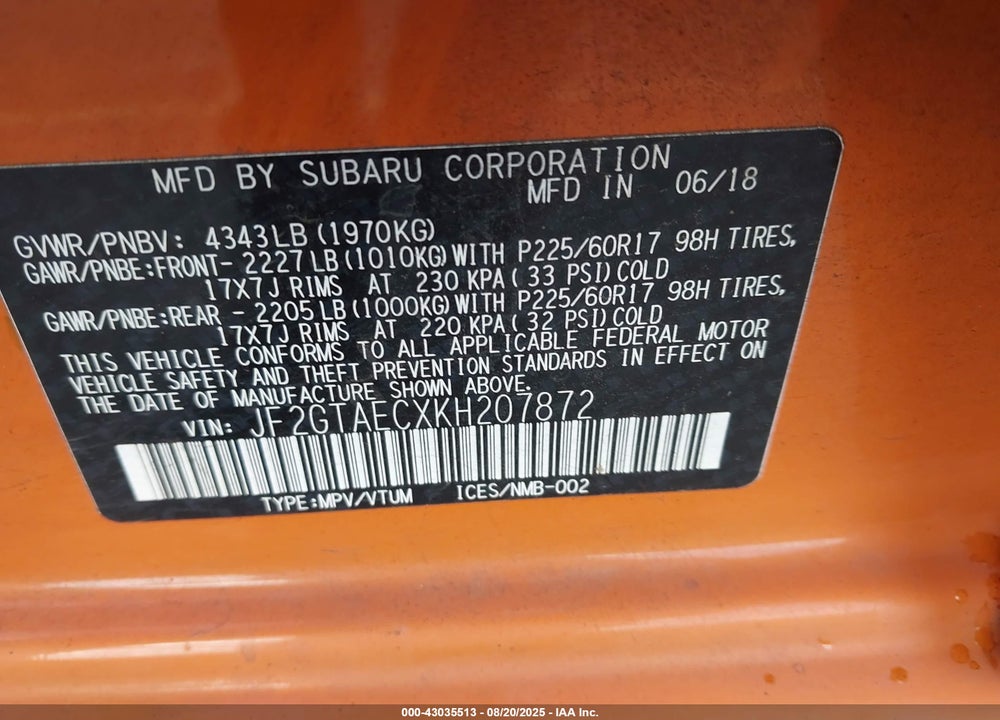 2019 SUBARU CROSSTREK 2.0I PREMIUM VIN: JF2GTAECXKH207872
