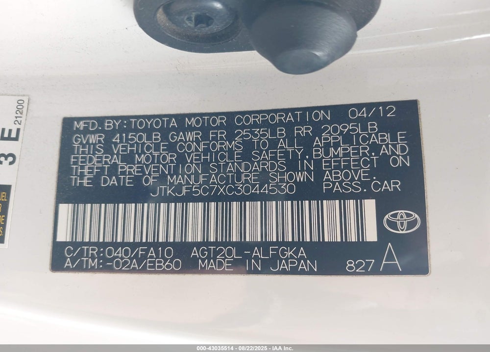 2012 SCION TC VIN: JTKJF5C7XC3044530