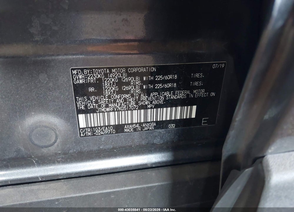2019 TOYOTA RAV4 HYBRID VIN: JTMDWRFV7KD517072