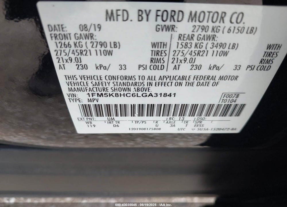 2020 FORD EXPLORER VIN: 1FM5K8HC6LGA31841
