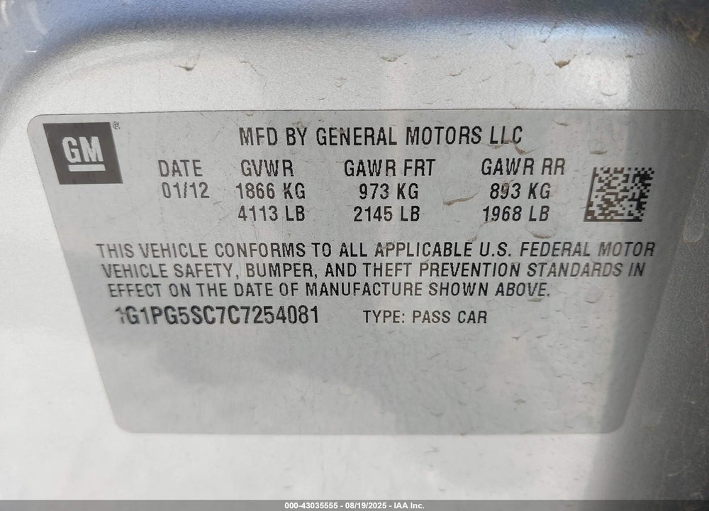 2012 CHEVROLET CRUZE 2LT VIN: 1G1PG5SC7C7254081