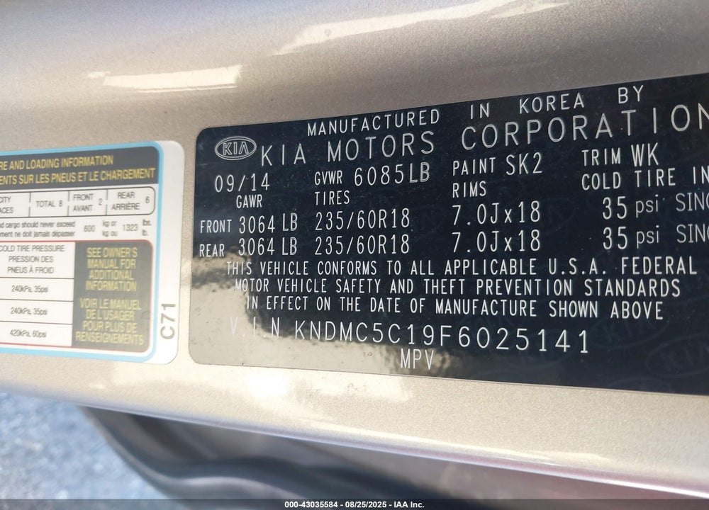 2015 KIA SEDONA VIN: KNDMC5C19F6025141