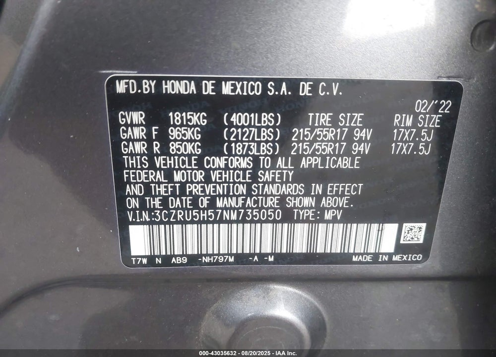 2022 HONDA HR-V VIN: 3CZRU5H57NM735050