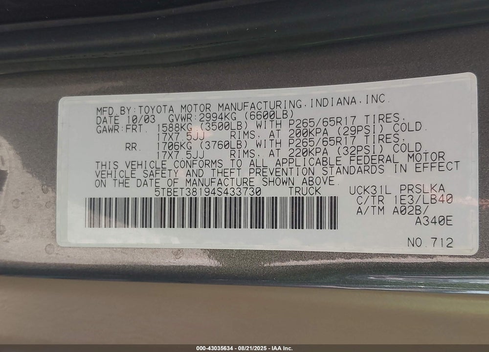 2004 TOYOTA TUNDRA LIMITED V8 VIN: 5TBET38194S433730