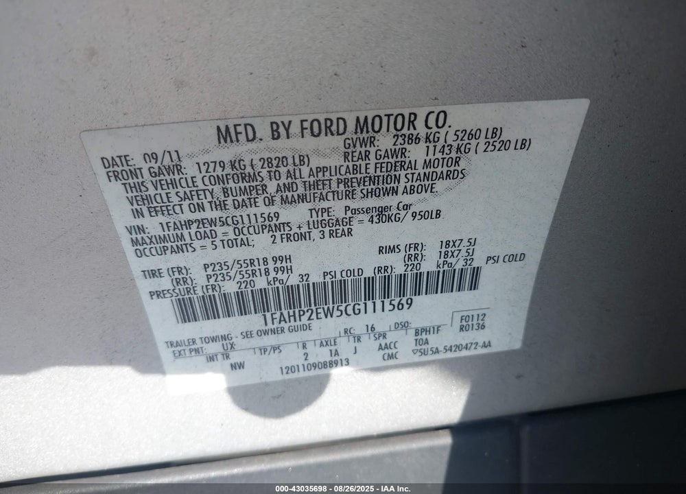 2012 FORD TAURUS VIN: 1FAHP2EW5CG111569