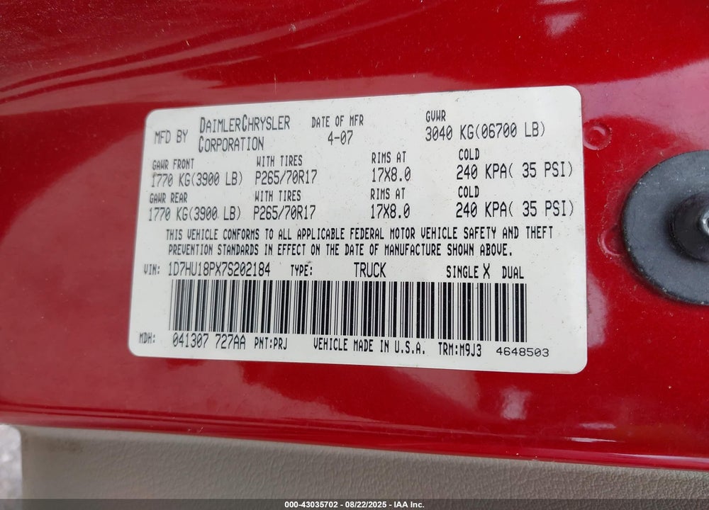 2007 DODGE RAM 1500 VIN: 1D7HU18PX7S202184