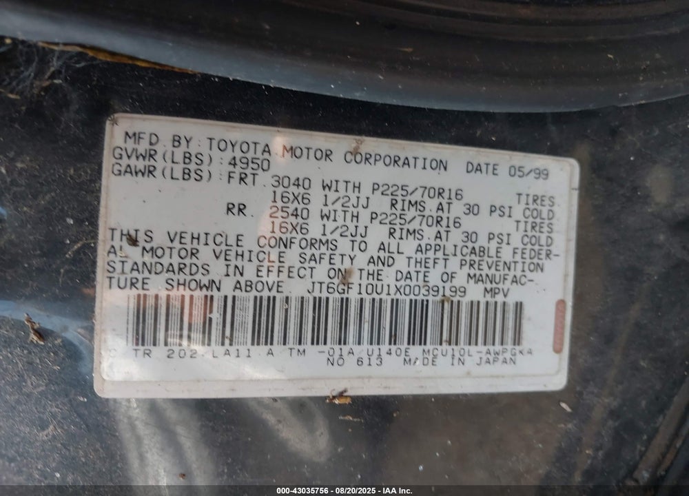 1999 LEXUS RX 300 VIN: JT6GF10U1X0039199