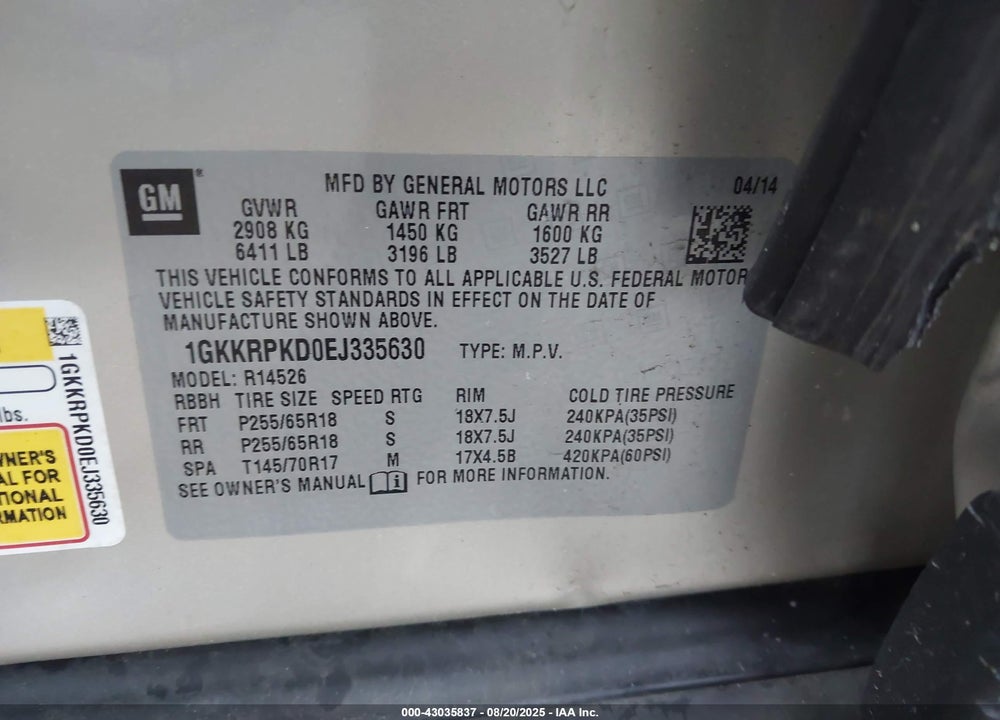 2014 GMC ACADIA VIN: 1GKKRPKD0EJ335630