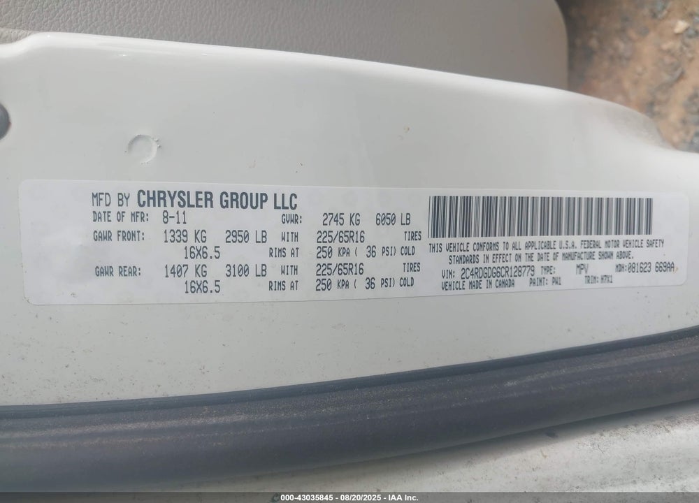 2012 DODGE GRAND CARAVAN CREW VIN: 2C4RDGDG6CR128779