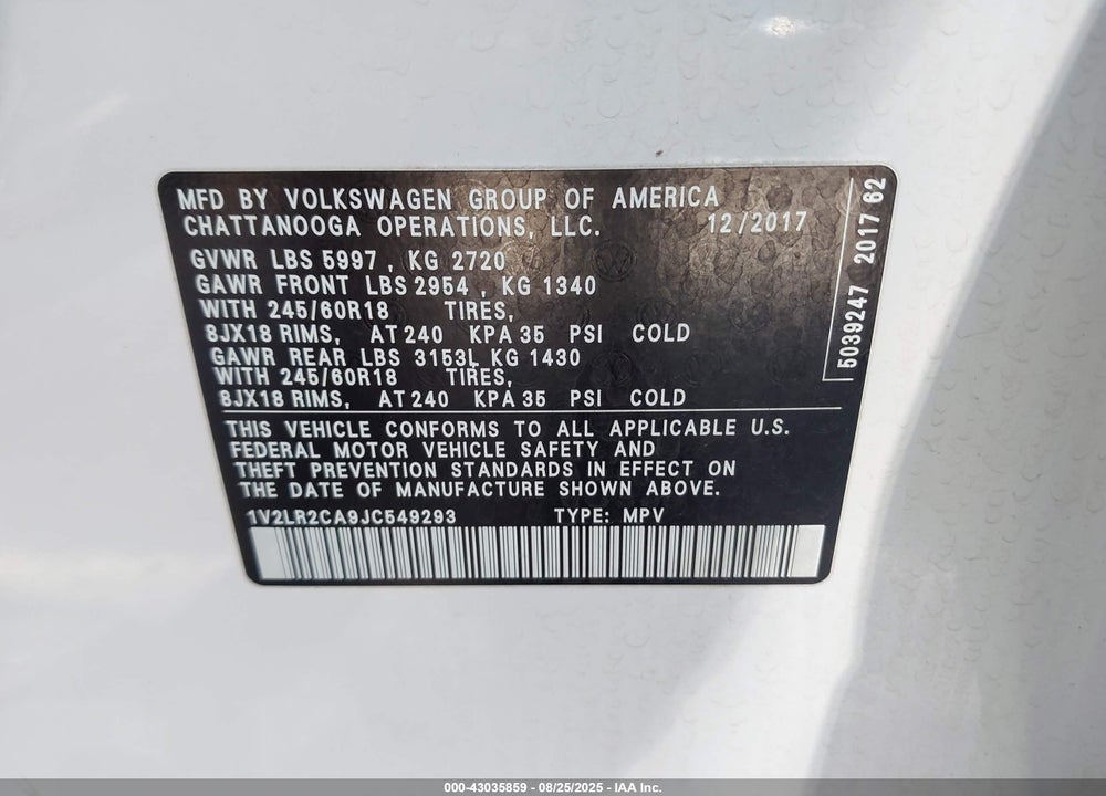 2018 VOLKSWAGEN ATLAS VIN: 1V2LR2CA9JC549293