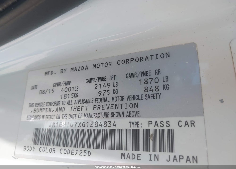 2016 MAZDA 3 VIN: JM1BM1U7XG1284834