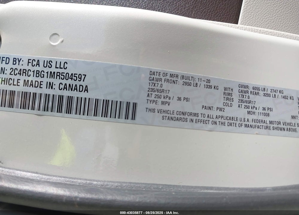 2021 CHRYSLER PACIFICA TOURING L VIN: 2C4RC1BG1MR504597