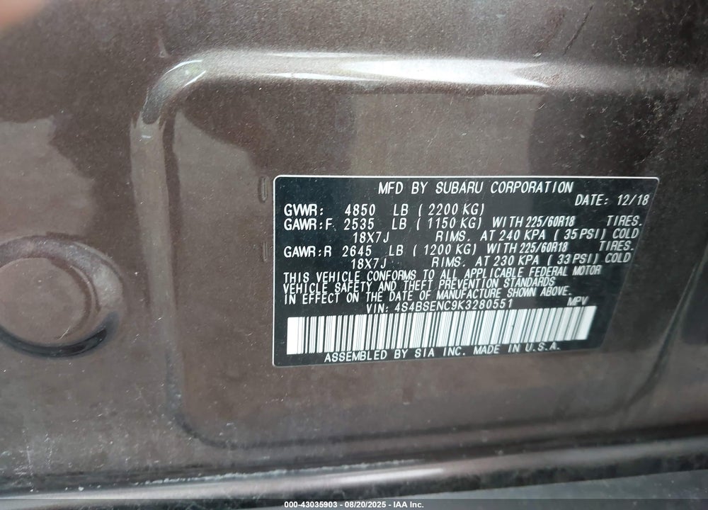 2019 SUBARU OUTBACK VIN: 4S4BSENC9K3280551