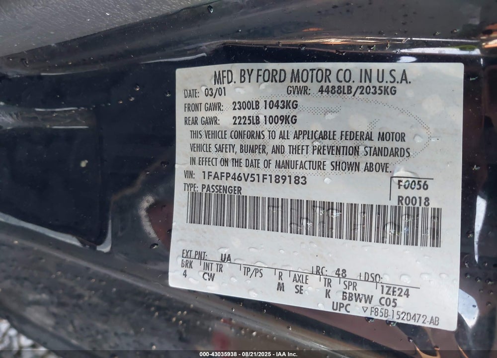 2001 FORD MUSTANG COBRA VIN: 1FAFP46V51F189183