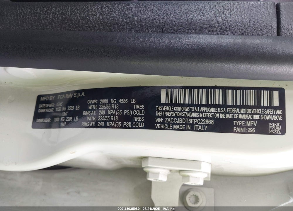 2015 JEEP RENEGADE LIMITED VIN: ZACCJBDT5FPC22868