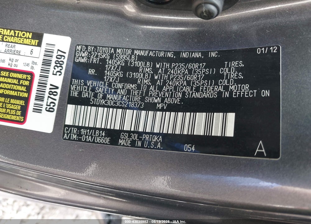 2012 TOYOTA SIENNA XLE V6 8 PASSENGER VIN: 5TDYK3DC3CS218373