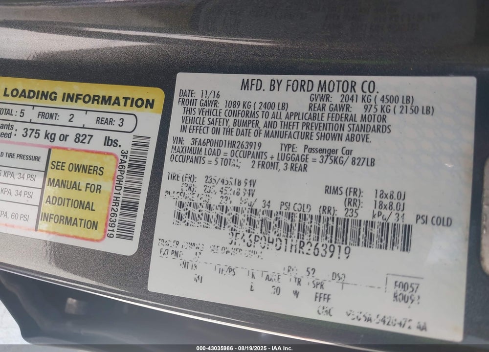 2017 FORD FUSION SE VIN: 3FA6P0HD1HR263919