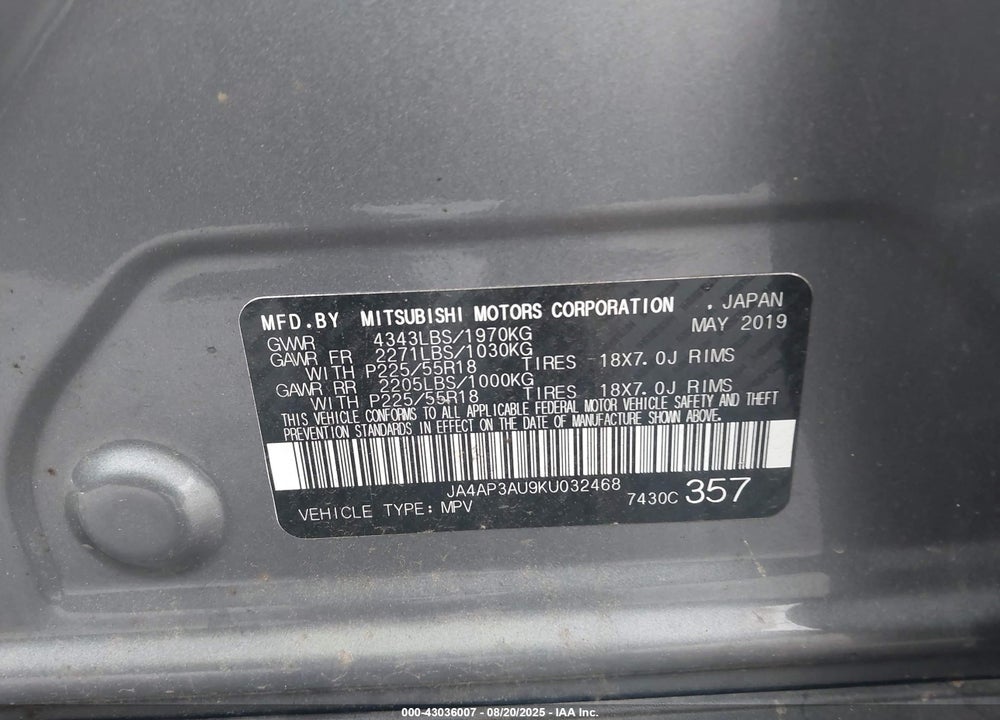 2019 MITSUBISHI OUTLANDER SPORT VIN: JA4AP3AU9KU032468