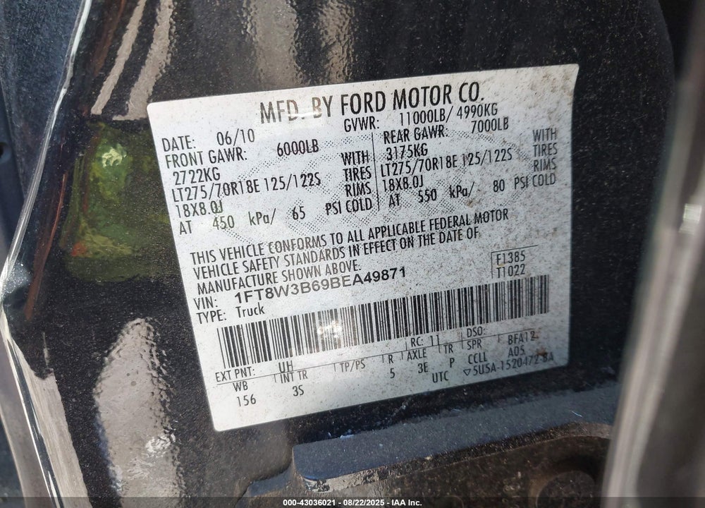 2011 FORD F-350 XLT VIN: 1FT8W3B69BEA49871