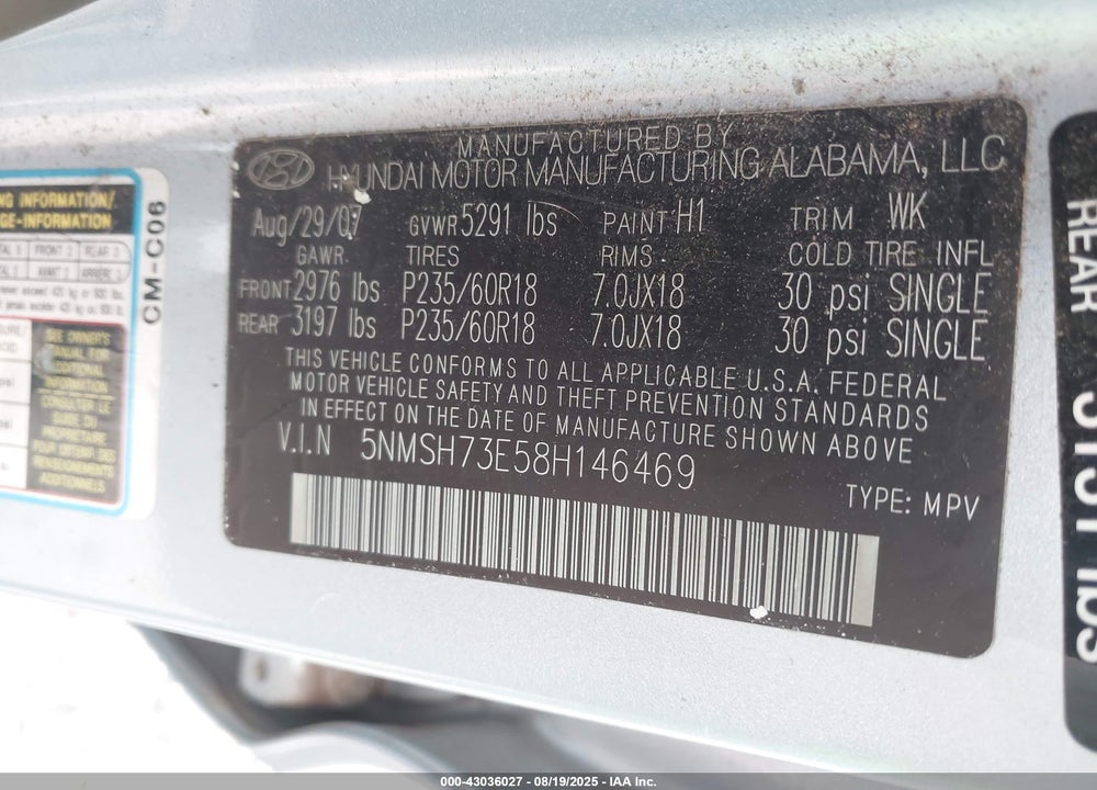 2008 HYUNDAI SANTA FE VIN: 5NMSH73E58H146469