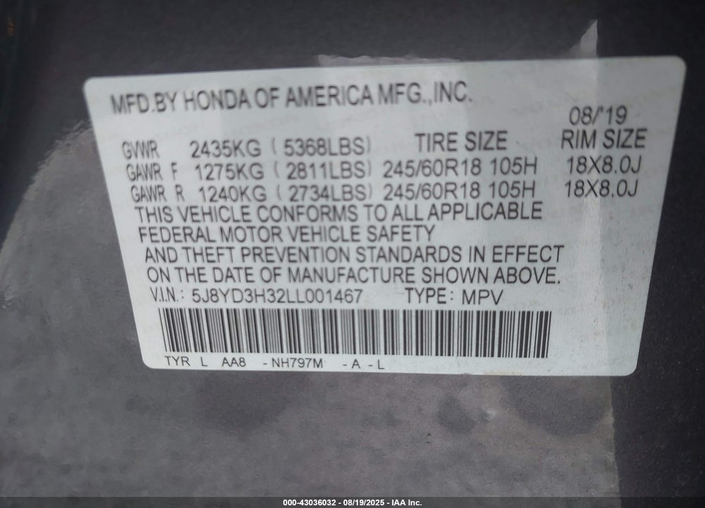 2020 ACURA MDX VIN: 5J8YD3H32LL001467