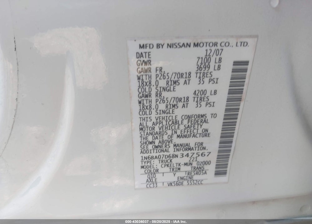 2008 NISSAN TITAN VIN: 1N6BA07D68N347567