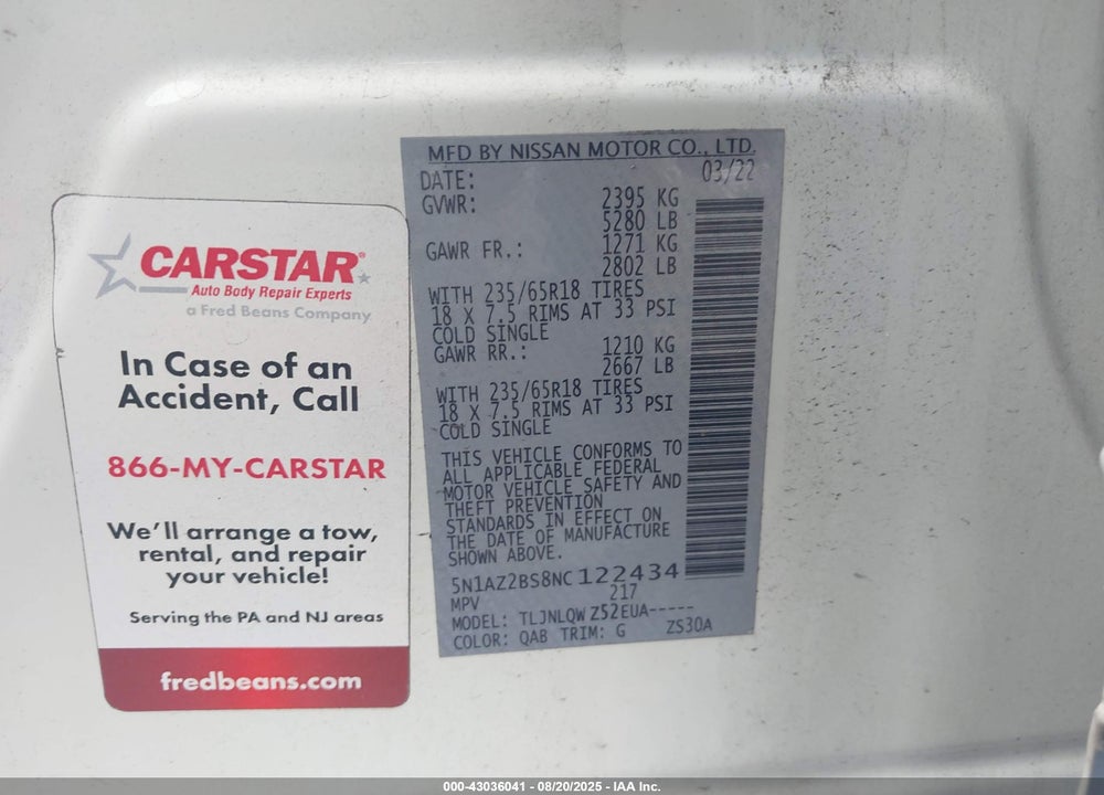2022 NISSAN MURANO VIN: 5N1AZ2BS8NC122434