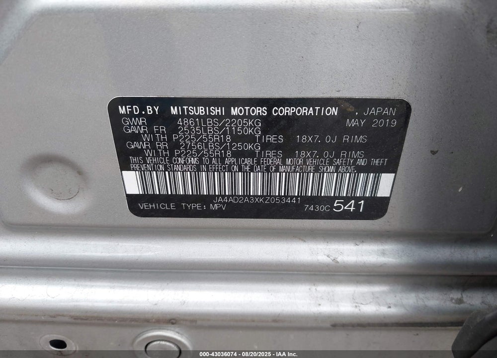 2019 MITSUBISHI OUTLANDER VIN: JA4AD2A3XKZ053441