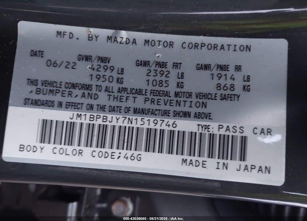 2022 MAZDA 3 HATCHBACK 2.5 TURBO VIN: JM1BPBJY7N1519746