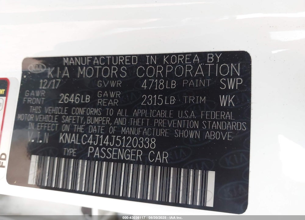 2018 KIA CADENZA VIN: KNALC4J14J5120338