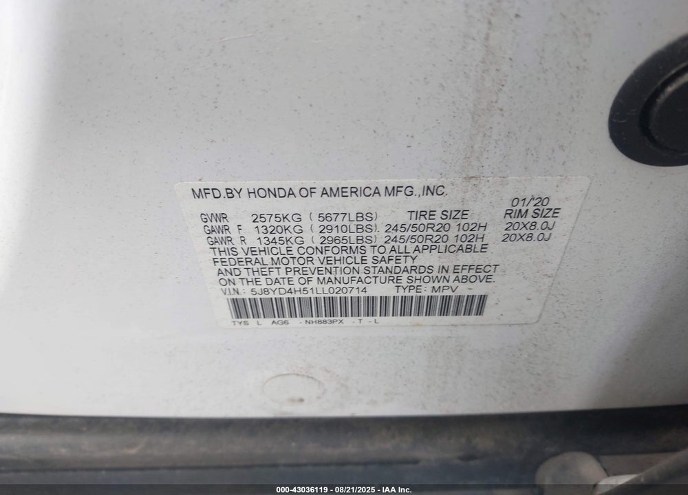 2020 ACURA MDX VIN: 5J8YD4H51LL020714