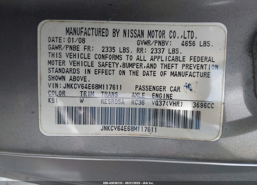 2008 INFINITI G37 JOURNEY VIN: JNKCV64E68M117611