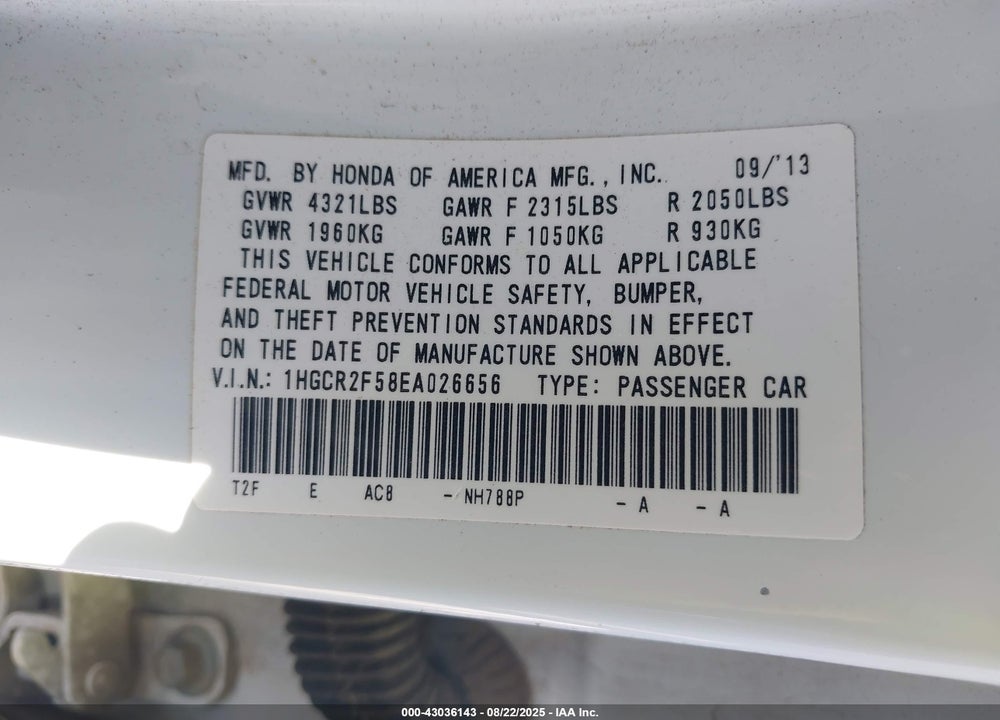 2014 HONDA ACCORD VIN: 1HGCR2F58EA026656