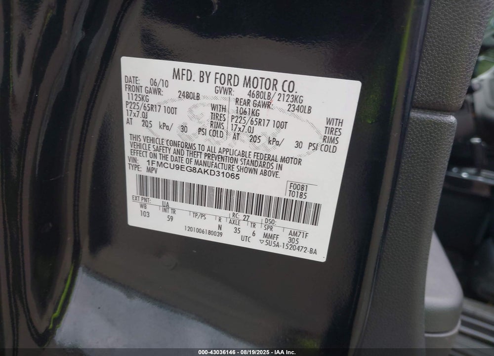 2010 FORD ESCAPE VIN: 1FMCU9EG8AKD31065