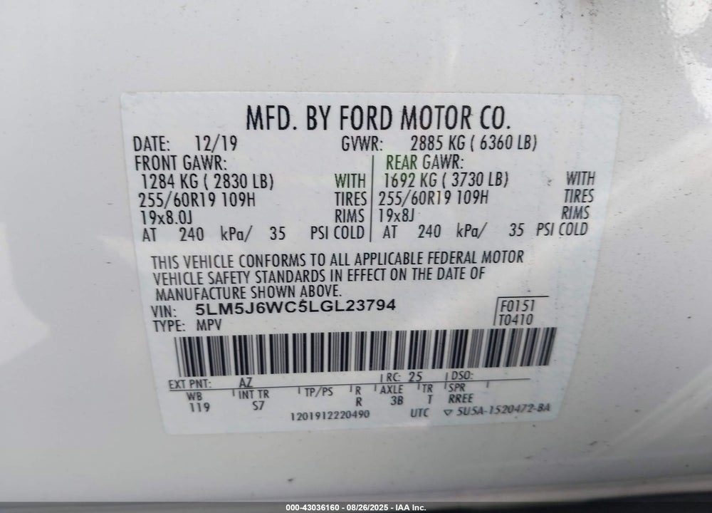 2020 LINCOLN AVIATOR VIN: 5LM5J6WC5LGL23794