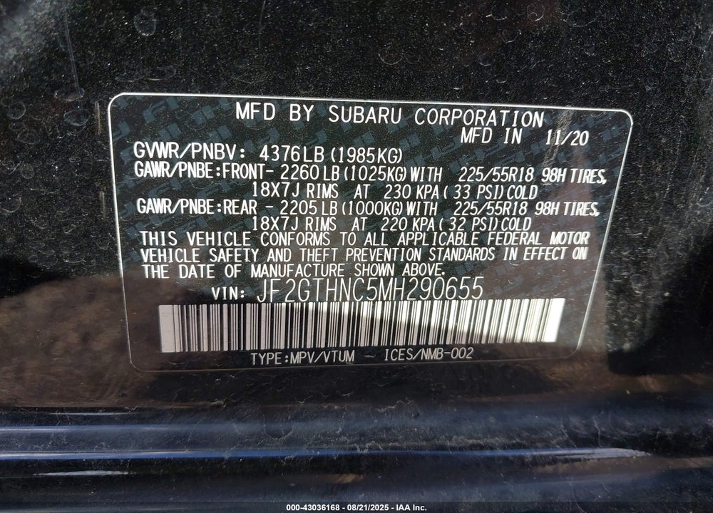 2021 SUBARU CROSSTREK LIMITED VIN: JF2GTHNC5MH290655
