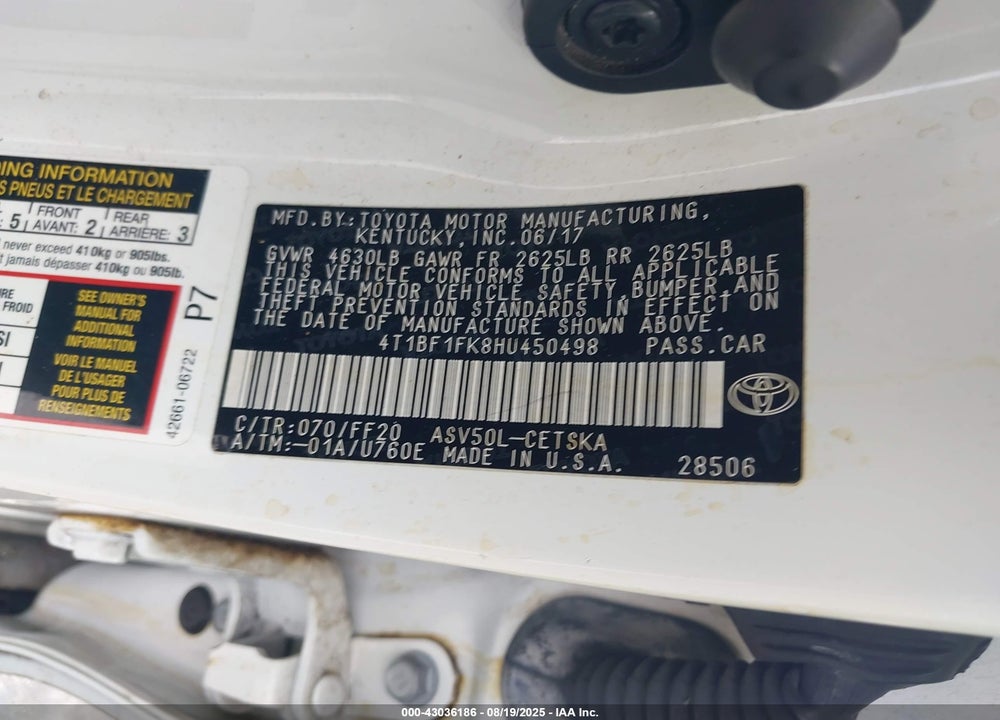 2017 TOYOTA CAMRY VIN: 4T1BF1FK8HU450498
