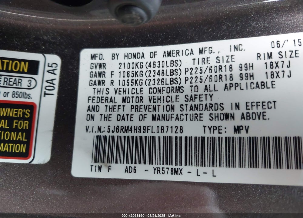 2015 HONDA CR-V VIN: 5J6RM4H99FL087128