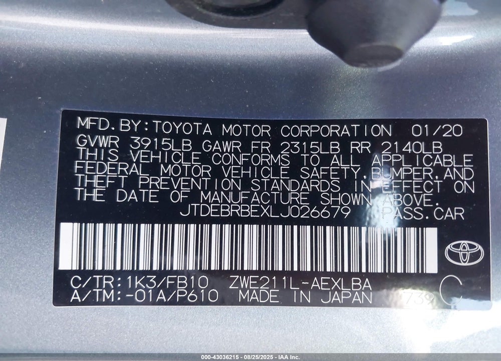 2020 TOYOTA COROLLA VIN: JTDEBRBEXLJ026679