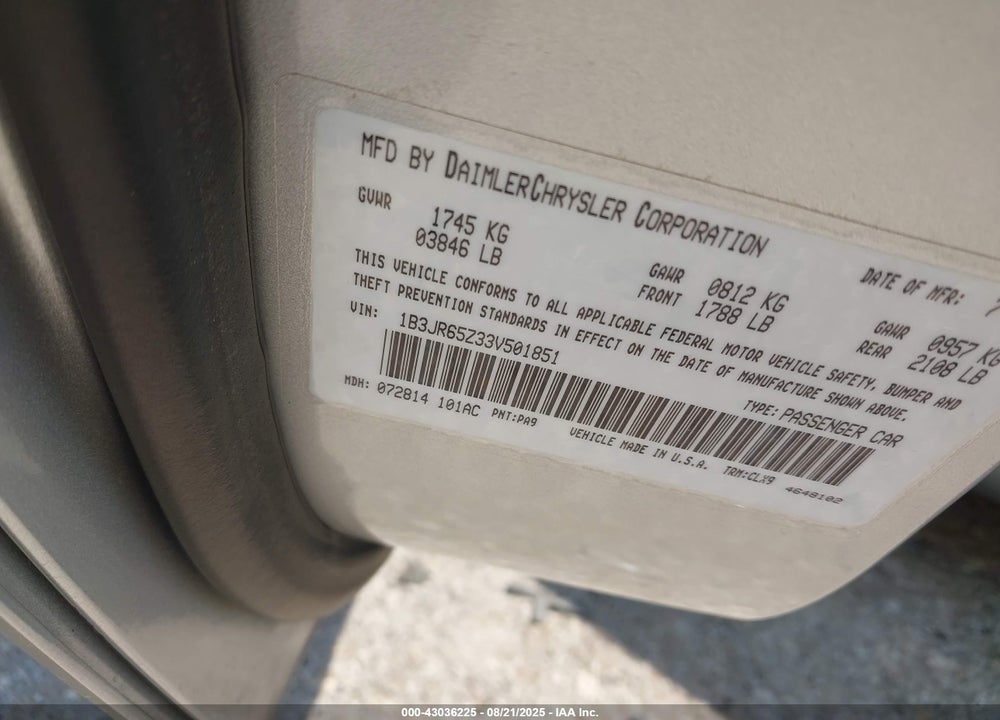 2003 DODGE VIPER SRT10 VIN: 1B3JR65Z33V501851