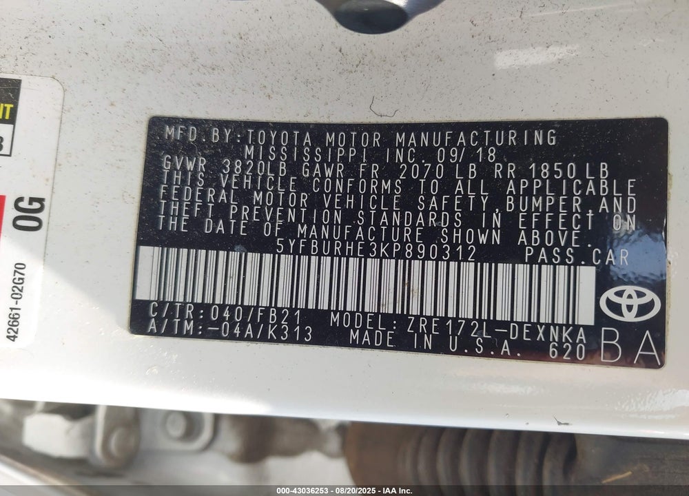 2019 TOYOTA COROLLA VIN: 5YFBURHE3KP890312