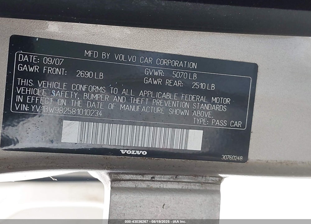 2008 VOLVO V70 VIN: YV1BW982581010234