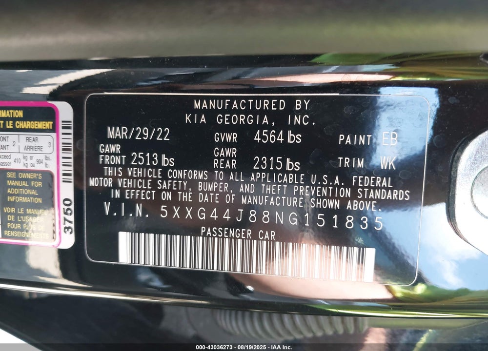 2022 KIA K5 VIN: 5XXG44J88NG151835