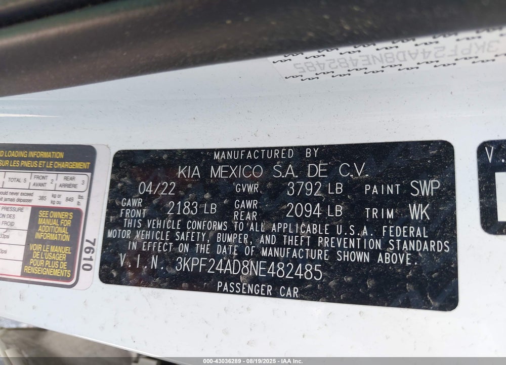 2022 KIA FORTE VIN: 3KPF24AD8NE482485